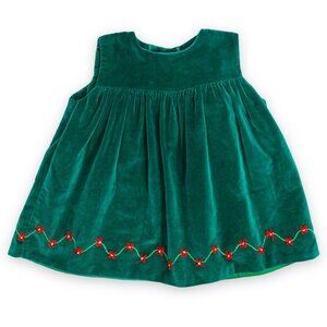 Vintage Baby Girls Green Velvet Flower Embroidered Sleeveless Swing Dress 12m